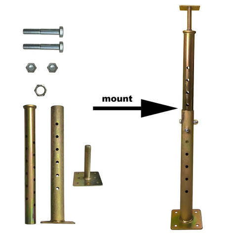 4 Pack Adjustable Floor Joist Support Jacks For Sagging Foundation Repair And Leveling Basement Beams Crawlspace Or Cellar Jobs Heavy Duty steel mounting jacks with bolts and adjustable height features.