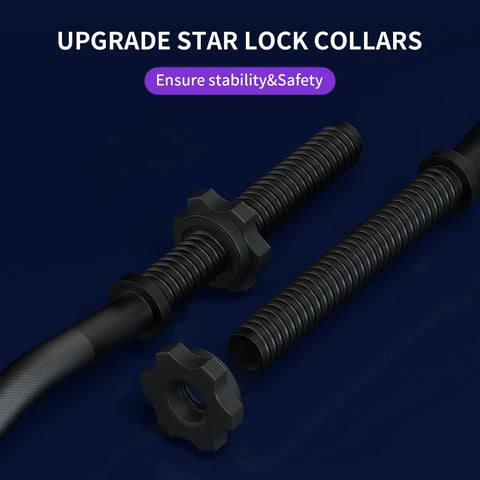 47 Inch Curl Bar For Home Gym And Weight Lifting, Ergonomic 1 Inch Diameter Barbell, close-up of sturdy T nuts and star lock collars.