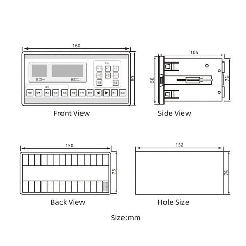 Load Cell Sensor Weighing Meter System With Automatic Batch Controller dimensions front, side, back, hole size views