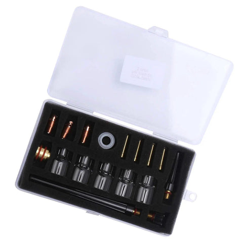 Upgrade Your Welding Game With This WP9 And WP20 Torch Consumables Kit Including Premium Glass Nozzles, Tungsten Clamps plus Silicone Rings For Smooth Argon TIG Guns And Rock Solid Gas Coverage Plus Clear Arc Visibility; WP9 WP20 TIG torch parts kit in storage case.