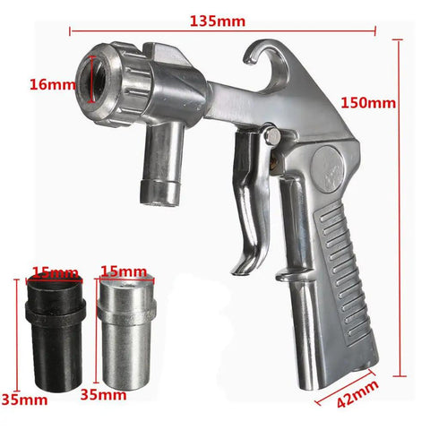 Rugged Prograde Sand Blaster Gun Kit For Sandblast Cabinets With Ceramic Nozzles showing gun dimensions and included nozzles