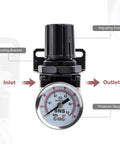 Front view of Low Pressure Air Regulator For Air Compressor With Gauge And Bracket One Quarter Inch NPT Female Adjustable AR2000N02 0 To 40 PSI Aluminum Alloy Construction Easy Turn Knob For Precise Control DIY Friendly.