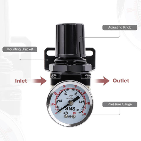 Front view of Low Pressure Air Regulator For Air Compressor With Gauge And Bracket One Quarter Inch NPT Female Adjustable AR2000N02 0 To 40 PSI Aluminum Alloy Construction Easy Turn Knob For Precise Control DIY Friendly.
