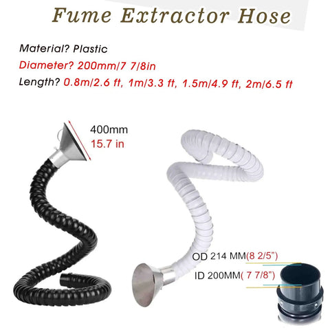 Heavy Duty Flexible Fume Extractor Hose With Articulated Hood For Salon And Shop Use, black and white plastic flexible ducts, 200mm diameter