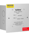 Front view of Type 2 Whole Home Surge Protector For 120/240 Volt Panels, Heavy Duty 4-Mode SPD In NEMA 1 Enclosure with caution labels