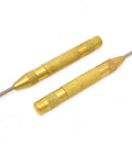 Two brass spring-loaded center punches, 5 inch, with adjustable tension and knurled handles for metal and wood drilling guidance.