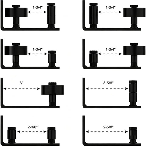 Heavy Duty Sliding Barn Door Guide With Adjustable Bottom Floor Track Hardware showing various height adjustments and measurements.