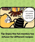 Cartoon monkey using a black coffee and tea brewing kettle next to a campfire with a speech bubble saying 'Let's make us some coffee & tea first'.