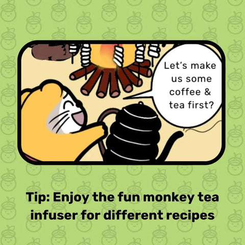Cartoon monkey using a black coffee and tea brewing kettle next to a campfire with a speech bubble saying 'Let's make us some coffee & tea first'.