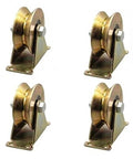 Rock Solid Workhorse Grade V Groove Wheel Sliding Door Pulleys With Heavy Duty Rigid Casters For Inverted Track Gates Smooth Rolling Hardware Four Piece Pack displayed on a white background.
