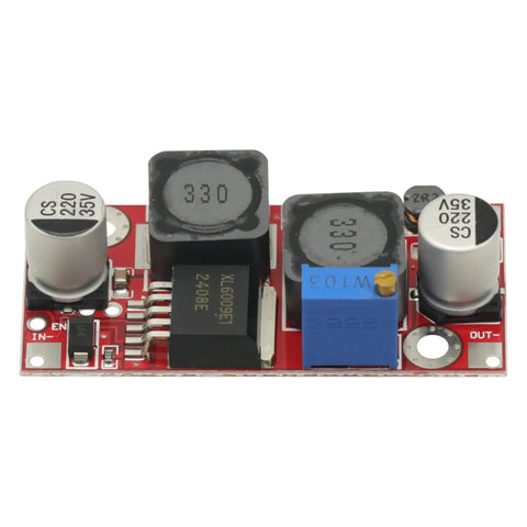 Set Of 3 Buck Boost DC-DC Converter Modules, Adjustable Step Up Down Power Supply, components visible on red circuit board.