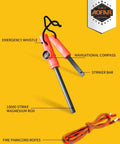 Rugged Survival Compass and Fire Starter Kit with emergency whistle, navigational compass, magnesium rod, striker bar, paracord ropes.