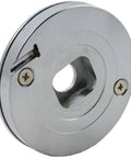 Oshlun LG-M01 miter saw laser guide mounting plate, front view, gray metal disc with central square bore and two screws