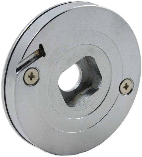 Oshlun LG-M01 miter saw laser guide mounting plate, front view, gray metal disc with central square bore and two screws