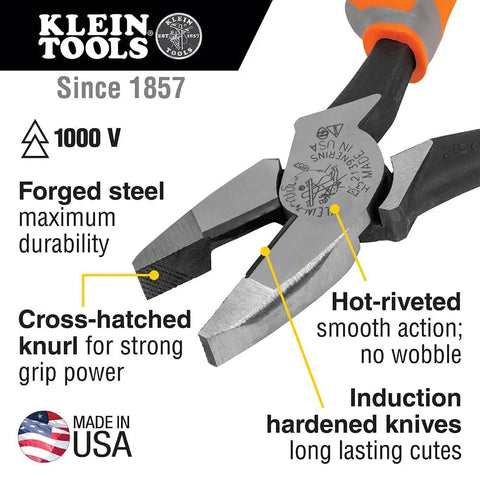 1000V Rated Insulated Side Cutting Pliers 9 Inch Built For Pros With High Leverage, Induction Hardened Knives, Made In USA, multi-layer grips
