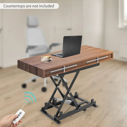 Built Like A Tank Electric Scissor Lift Table With Hella Sturdy Three Hundred Fifty Pound Capacity Smooth Hydraulic Platform in a modern workspace.