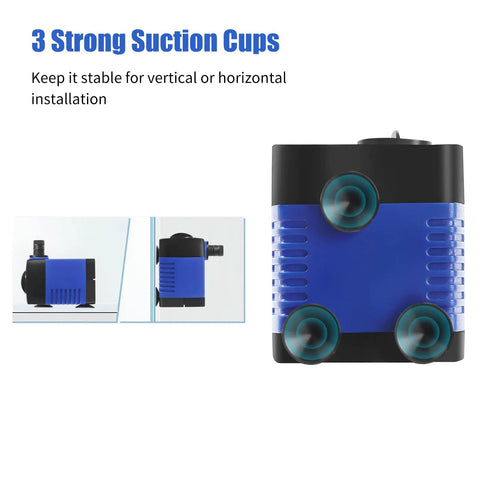 Two Pack Mini Fountain Pump 80GPH Submersible Water Pump with strong suction cups shown from the side and bottom angle.