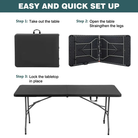 Six Foot Outdoor Folding Dining Table For Parties And Weddings, Portable Rectangular Plastic Table With Built In Carrying Handle, Black, Space Saving And Durable With Steel Legs And Non Slip Feet, Party Ready And Weatherproof. Easy setup steps shown.