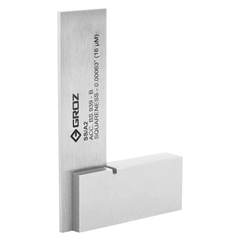Groz 01000 2-inch precision steel square, side view showing vertical blade and horizontal base with Groz logo.