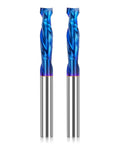Two Pack Up Down Spiral Router Bits With One Quarter Inch Shank And One Quarter Inch Cutting Diameter Nano Blue Coated Solid Carbide CNC End Mills For Wood Carving Engraving And Milling Pro Grade Dual Action Compression Bit Set in front view.