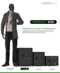 Comparison of three home safe sizes with electronic keypad next to a 6 ft mannequin for scale.
