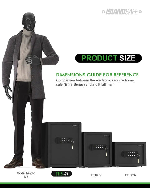 Comparison of three biometric safe boxes with keypad locks next to a mannequin for size reference
