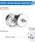Heavy Duty Badass Neodymium Ultra Rare Earth Cup Magnets With Steel Caps showing Ni-Cu-Ni layers and A3 steel cup details.