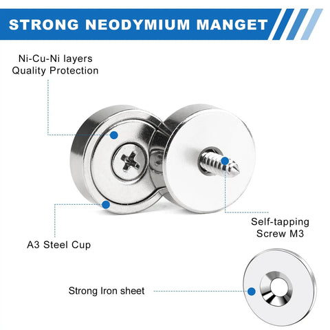 Heavy Duty Badass Neodymium Ultra Rare Earth Cup Magnets With Steel Caps showing Ni-Cu-Ni layers and A3 steel cup details.