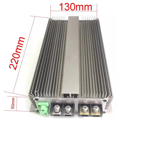 Heavy Duty 12V To 14.6V 80A DC DC Voltage Booster For LiFePO4 Lithium Battery Charger with heat sink view and dimensions.