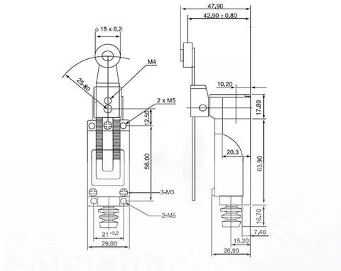 Technical drawing of Two Pack ME 8108 Momentary Limit Switch With Rotary Adjustable Roller Lever Arm for CNC and Arduino projects.