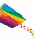 Colorful kite with long tail, showcasing vibrant stripes in a variety of colors, designed for outdoor flying fun.