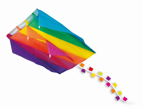 Colorful kite with long tail, showcasing vibrant stripes in a variety of colors, designed for outdoor flying fun.