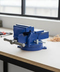 Swivel Bench Vise 6 Inch Heavy Duty Cast Iron Workbench Clamp For Mechanics And DIYers Rotating Tool Holder With Secure Locking Base on workbench