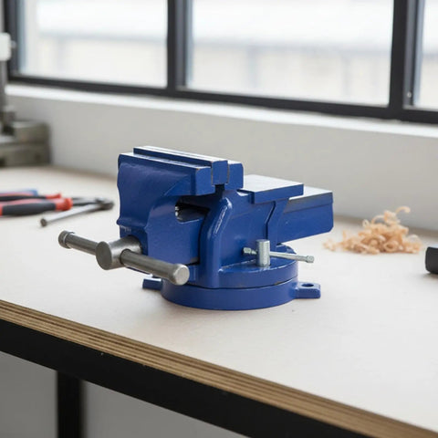 Swivel Bench Vise 6 Inch Heavy Duty Cast Iron Workbench Clamp For Mechanics And DIYers Rotating Tool Holder With Secure Locking Base on workbench