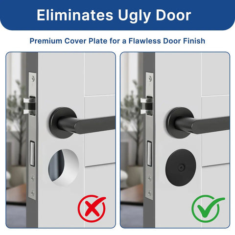 Upgrade Your Entryway With This Top Notch Stainless Steel Door Hole Cover Plate Designed To Seal Unused Deadbolt Gaps And Keep Your Home Hella Secure Without Compromising Style, showing before and after with door handle and hole cover.
