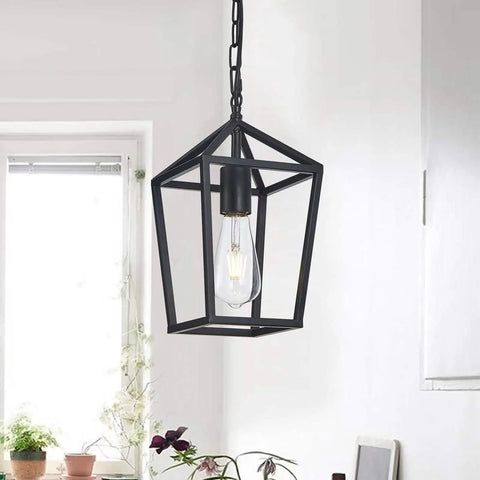 Cool Black Lantern Pendant Light For Kitchen Island And Hallway Modern Farmhouse Cage Pendant Lighting Retro Style Hanging Fixture in room.