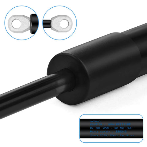 Close-up of Heavy Duty RV Awning Gas Struts for Power Awnings with 69 to 78 Inch Arm, showing end fittings and safety label.