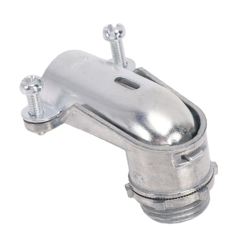 The Real Deal 1/2 Flexible Metal Conduit 90 Degree Squeeze Elbow Connector Die Cast Zinc Alloy for electrical installations.