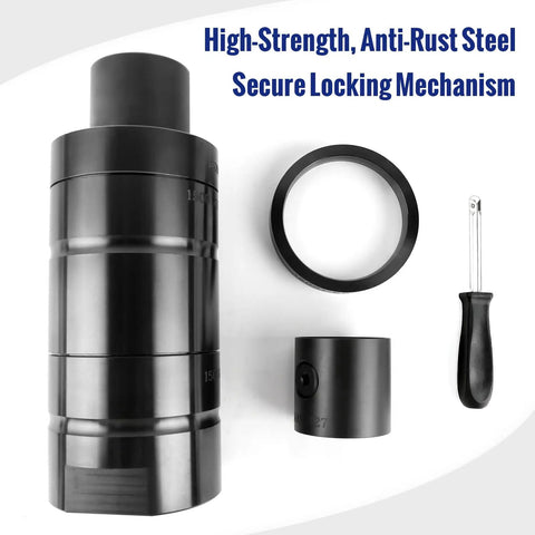 Pro Grade Heavy Duty Leaf Spring Bushing Tool Kit 20 Ton Master Set components, including steel cylinder and screwdriver