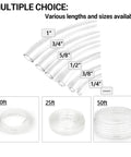Various sizes of see-through vinyl tubing including 3/4 inch inner diameter by 1 inch outer diameter, 50 feet Flexible PVC hose.