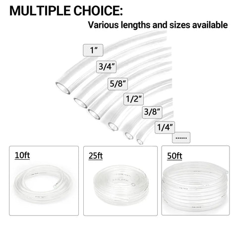 Various sizes of see-through vinyl tubing including 3/4 inch inner diameter by 1 inch outer diameter, 50 feet Flexible PVC hose.