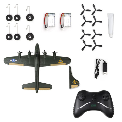 Lightweight EPP Foam RC Plane RTF 2.4GHz Remote Control Aircraft B17 Navy Lighting components laid out, including controller.