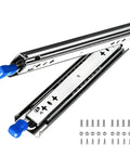 Full Extension Ball Bearing Drawer Runners With Soft Close Cabinet Slides That Pull Out Smooth As Butta For Heavy Duty Kitchen Storage and Office Drawers Rock Solid Three Section Easy Install Glides with blue end caps.