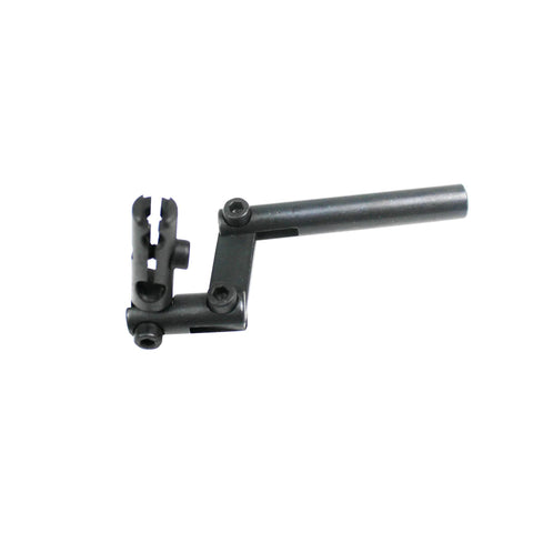 Black metal dial indicator holder with adjustable arm and three pivot joints