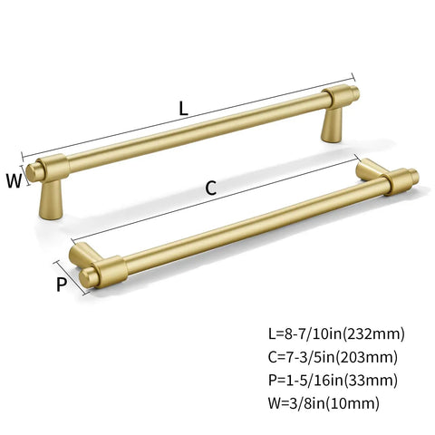 8 Inch Brushed Gold Cabinet Pulls 5 Pack Zinc Alloy Modern And Simple Cabinet Handles with dimensions and measurements shown