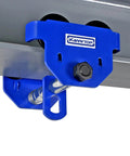1 Ton Beam Trolley With Heavy Duty Manual Push, adjustable flange from 2.5 to 8 inches, blue steel frame on I-beam