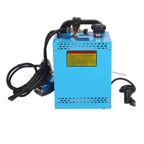 Heavy Duty Commercial Steam Iron And Pro Grade Fabric Steamer With 1600 Watt Boiler For Curtain Shops showing blue boiler unit.
