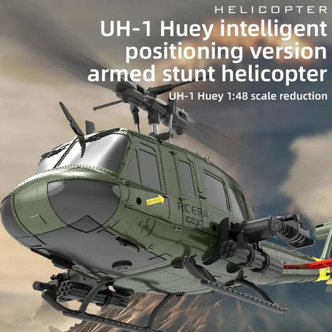 UH Huey RC Helicopter For Grownups Brushless Motor Flybarless Six Axis Gyro Altitude Hold And 3D Inverted Flight Ideal For Indoor And Outdoor Flying Yellow With Four Battery Pack One Forty Eight Scale in profile view.