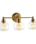 22 Inch Modern Three Light Vanity Bathroom Light With Clear Glass Globe Shades And Warm Brass Finish For Rustic Farmhouse Vibe