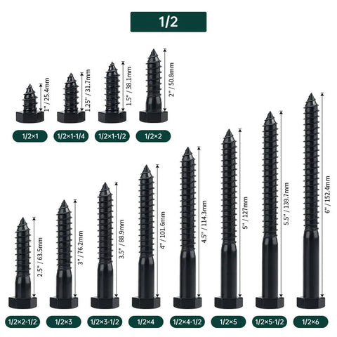 Heavy Duty 1/2 X 1-1/2 Inch Black Hex Head Lag Screws Bolts 8 Pc Pack For Decks And Wood Projects, 304 Stainless Steel 18/8 With Black Oxide Finish, Full Thread, Indoor Outdoor Use, Built To Last Fayeploo.
